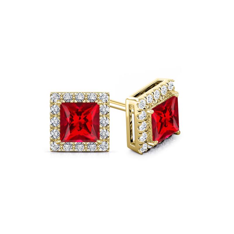 Auriya 14k Gold Lab Grown Gemstone Ruby Stud Earrings Princess 0.25 to 5.00 ct. tw. Halo Push-Back