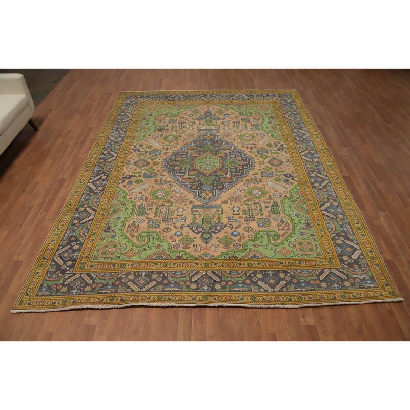 Hand Knotted Oriental 100% Wool Carpet Traditional Floral Peach Tabriz Area Rug - 11' 0'' X 8' 2''