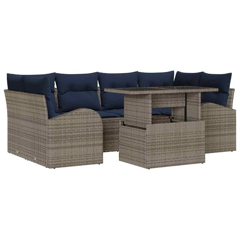 vidaXL 7 Garden Sofa Set with Cushions Black/Brown/Grey Poly Rattan - 92.1 x 48.8 x 27.2
