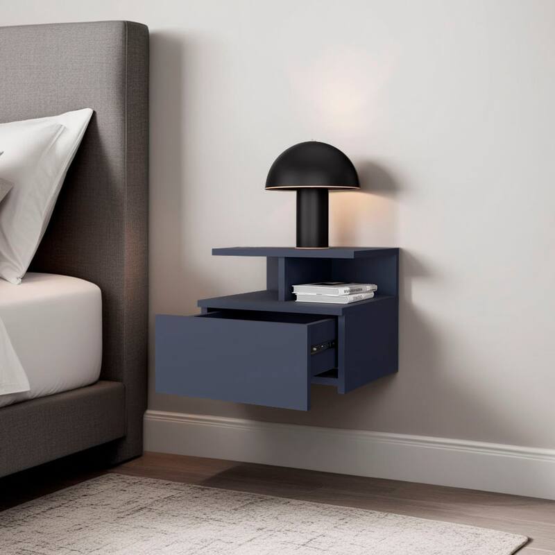 Modern Blue Nightstand with Drawer and 3 Shelves, Compact Storage for Bedroom