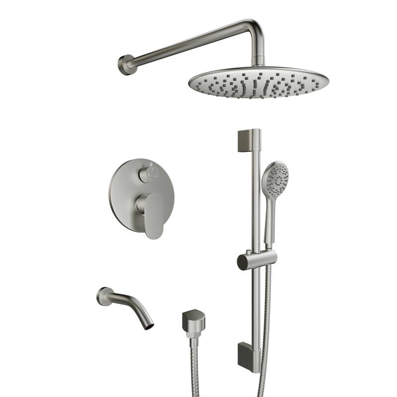 4-Spray Wall Mount Dual Fixed and Handheld Shower Head with Slide Bar and Tub Spout, Valve included - Brushed Nickel