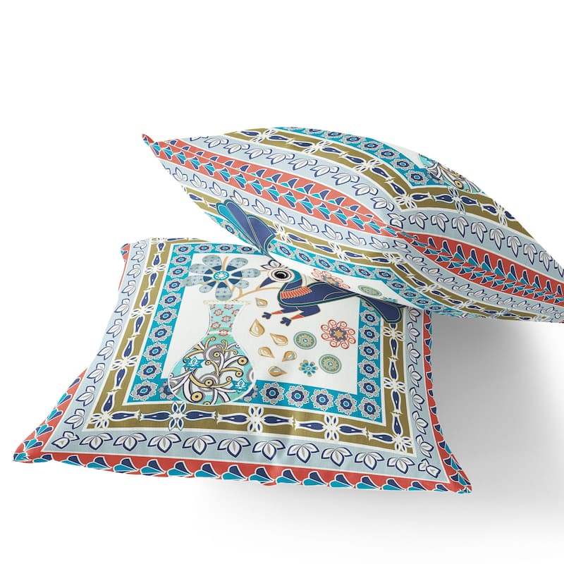 HomeRoots Set of Two 16" X 16" Beige and Green Peacock Blown Seam Floral Indoor Outdoor Throw Pillow - 16.00' X '16.00' X '5.00