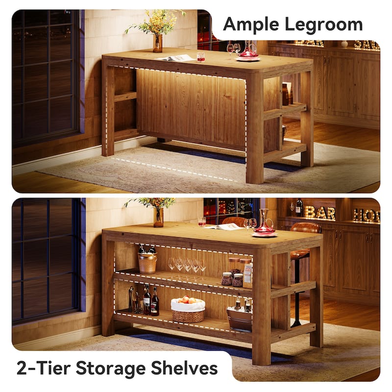 63-Inch Solid Wood Bar Table with Storage Shelves - 63.0" W x 28" D x 35.4" H