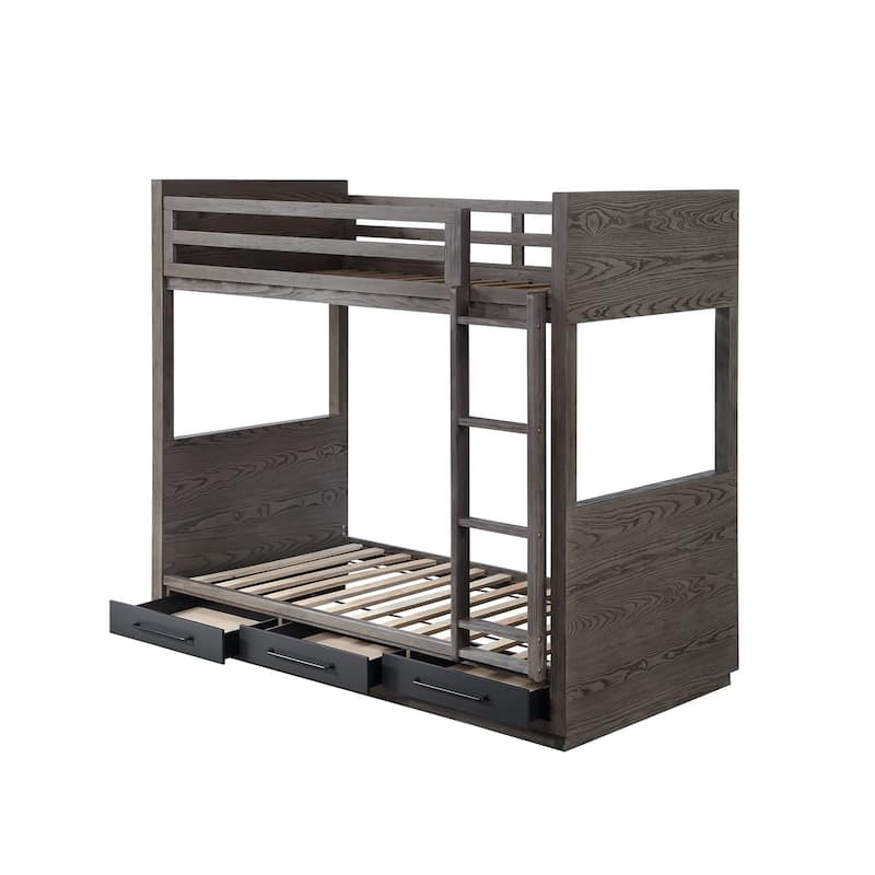 Wooden Twin over Twin Bunk Bed with 3 Drawers in Gray Oak