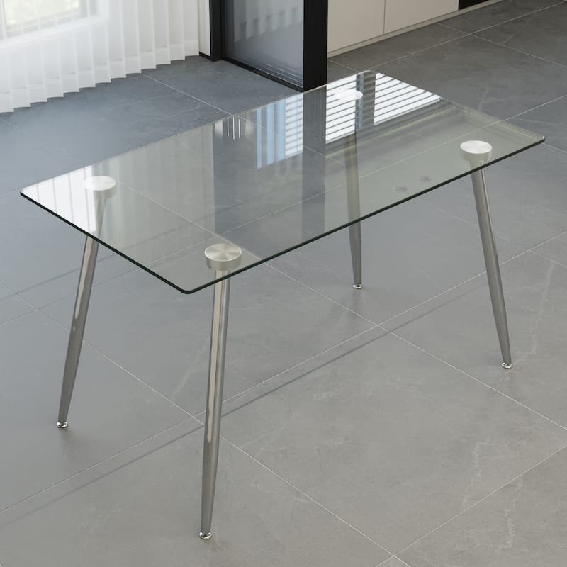 Glass Dining Table, Modern Rectangular Table with Tempered Glass Tabletop & Sliver metal Legs, Simplistic Kitchen Table