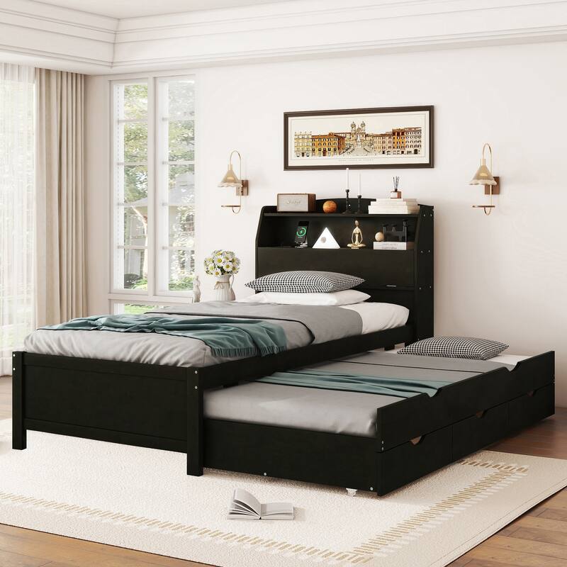 Wooden Platform Bed with Pull Out Trundle Bed and Drawers, All-in-One LED Headboard with Charging Station and Flip Up Storage