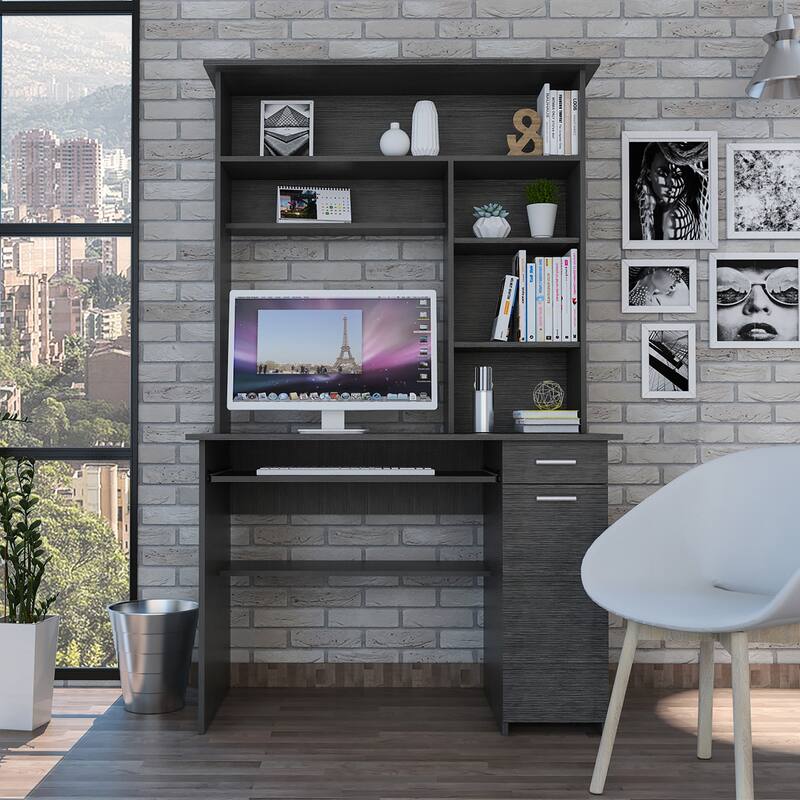 2 Drawer and 7 Shelf Computer Desk with Hutch - Grey