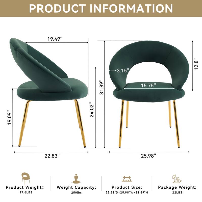 Set of 1 Velvet Fabric Dining Chairs w/ Curved Backrest & Golden Metal Legs for Kitchen or Dining Room - White