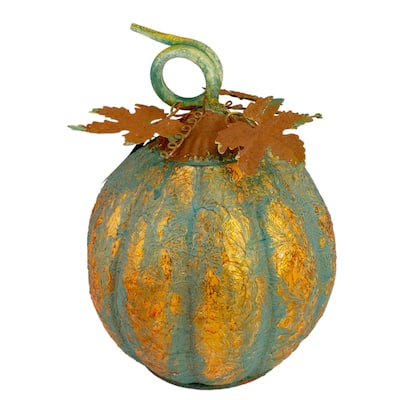 13" Autumn Harvest Pumpkin Metal Decoration - Orange and Green