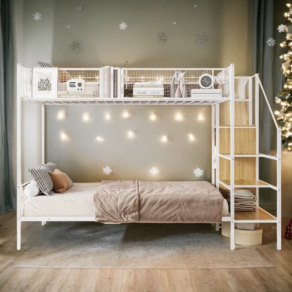 slide 2 of 8, White Twin Over Full Metal Bunk Bed with Lateral Storage Ladder and Wardrobe