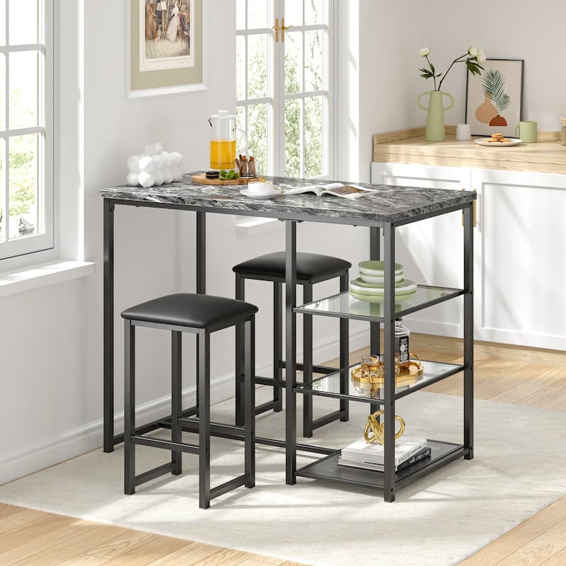 Javlergo 3-Piece Dining Table Set with 2 Backless PU Padded Chairs Space Saving Design Pub Set White/Oak & Black/Marble Options - Marble black