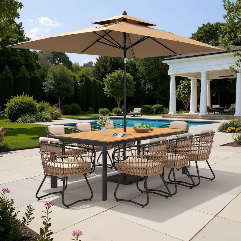 9/11-Piece Outdoor Dining Set Aluminum Table and Rattan Chairs w/10 ft Market Umbrella and Base