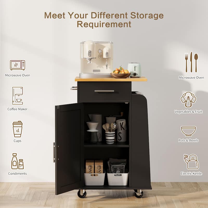 Rolling Kitchen Island with Storage Cabinet & Spice Rack & Drawer – Rubber Wood Top