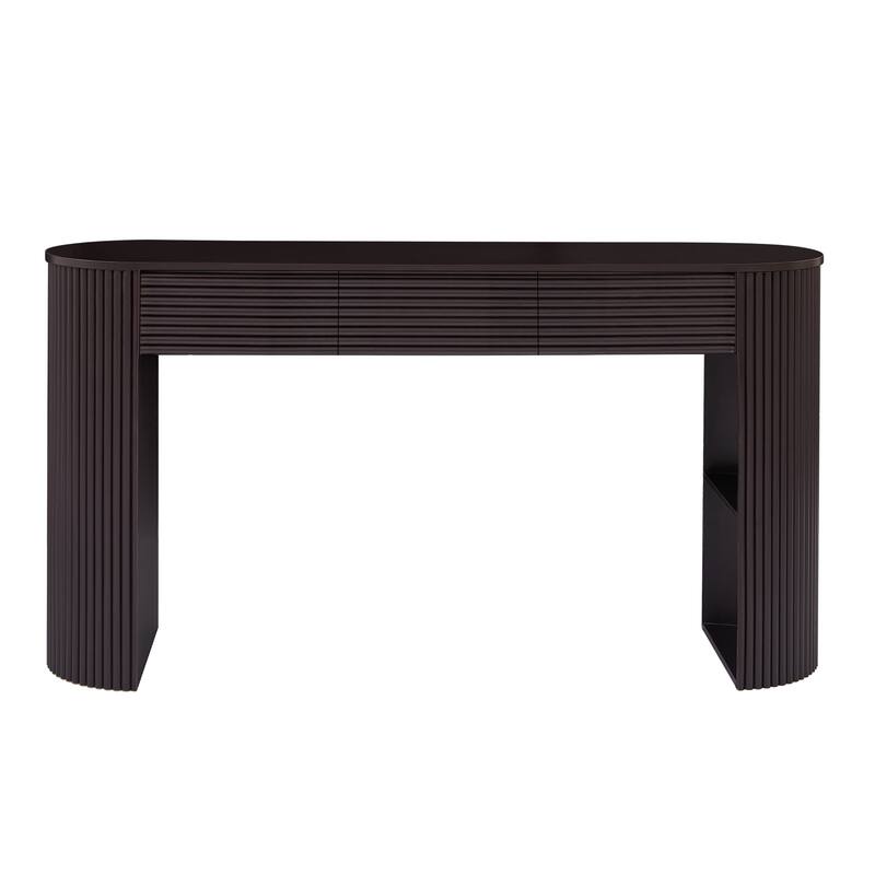 Retro Console Table with Storage, 3 Drawers, 1 Table-Leg Niche, Round Slat Aesthetic, Entryway, Living Room & Hallway