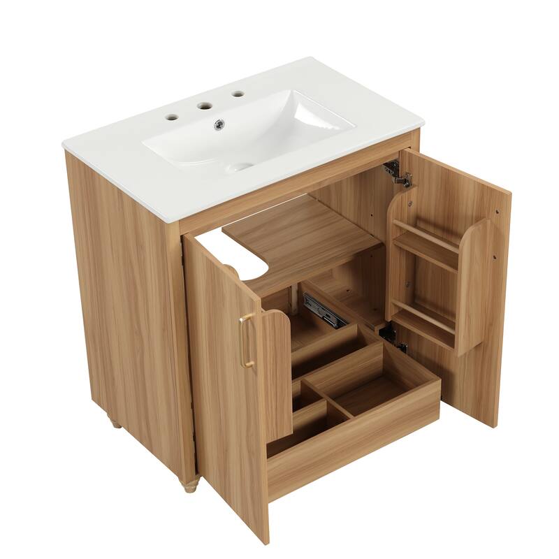 30" Bathroom Vanity with Sink Natural Wooden Storage Cabinet with Door Racks and Adjustable Shelf, Built-in Drawer with Divider