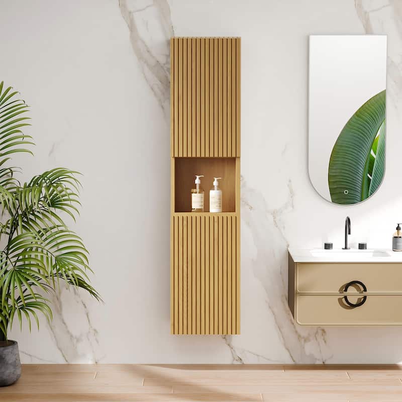 Modland 14"W x 59''H Wall Mounted Bathroom Cabinet - Narrow Waterproof Plywood, Corolla Oak for Over Toilet Storage - 1 set
