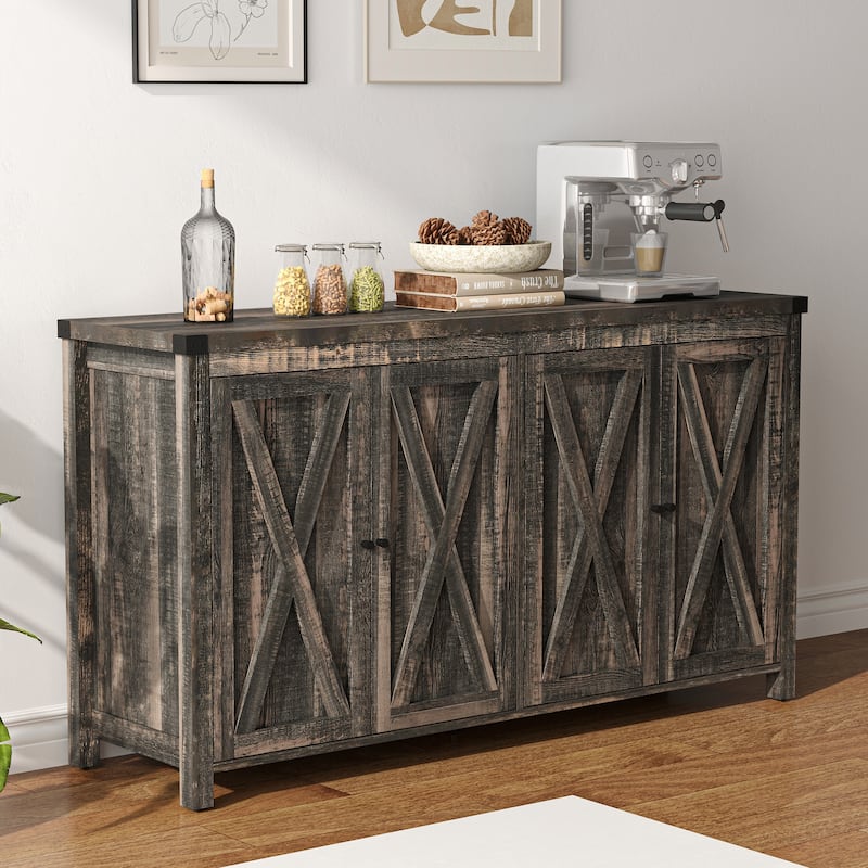 Moasis 55-inch Farmhouse Four-Door Buffet Cabinet Storage Kitchen Sideboard Buffet Table - Rustic Oak