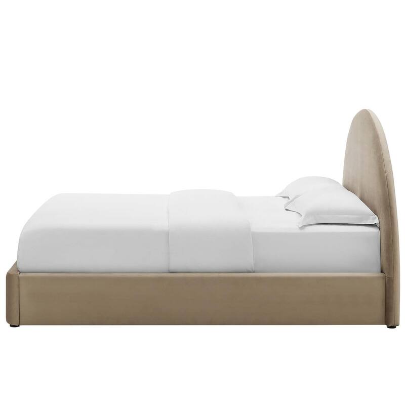 Palmetto Modern Round Headboard Taupe Velvet Upholstered Queen Size Platform Bed