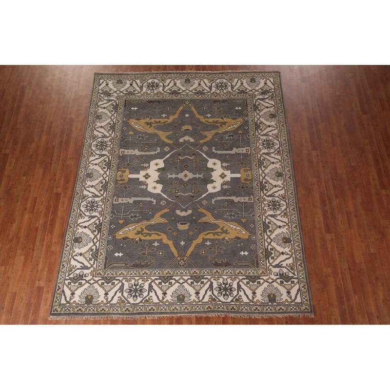 Transitional Gray Oushak Indian Rug Hand-Knotted Wool Carpet - 7'11"x 9'9"