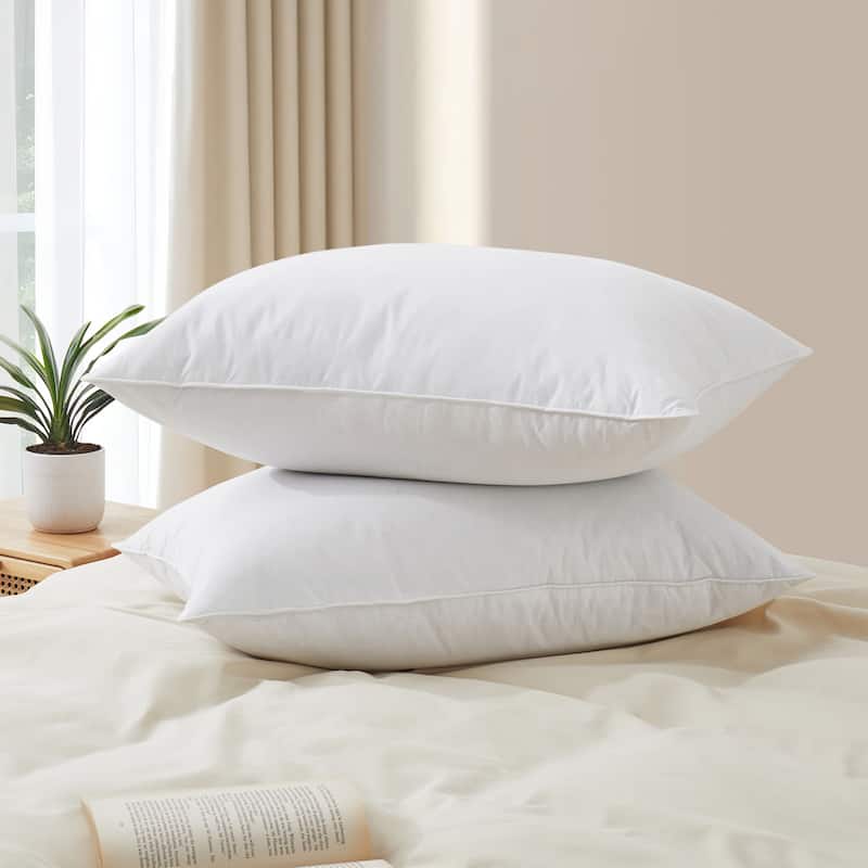 2 Pack Medium Goose Feather Down Bed Pillows with Soft Cotton Cover - White - Medium-Soft - Queen