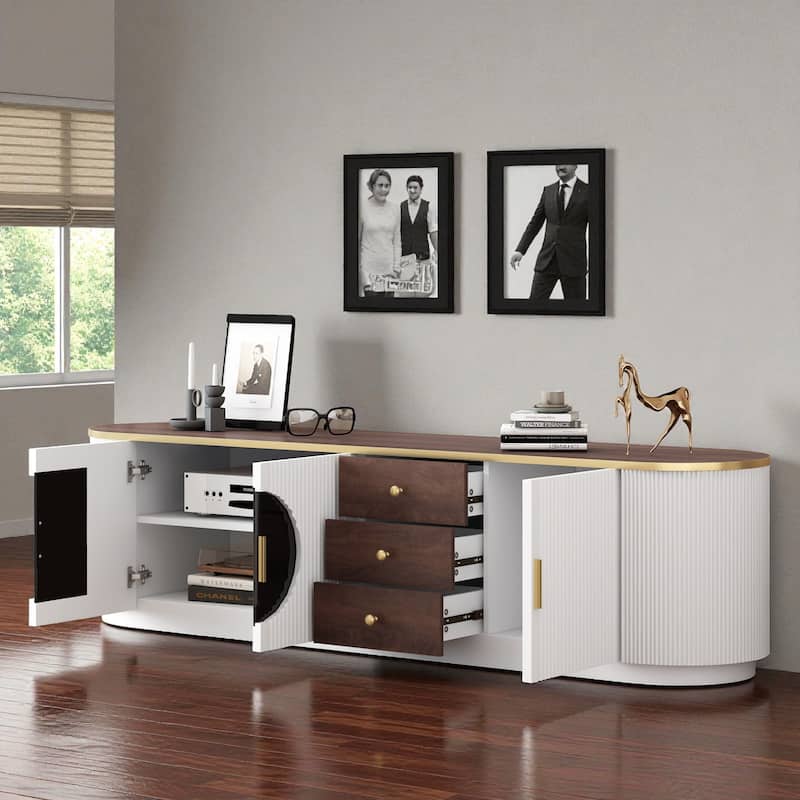 70.8'' Modern TV Stand for TVs up to 80'', Entertainment Center with 3 Drawers, 2 Cabinets & Glass Doors for Living Room