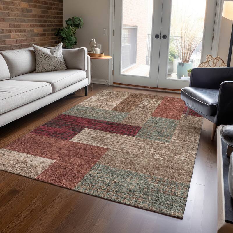 Machine Washable Indoor/ Outdoor Modern Blocks Chantille Rug