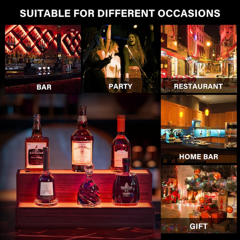Walnut Bar Display Shelf, Freestanding Holding Bottles for Home Bar, LED Lighted Liquor Bottle Display Shelf with Remote Control