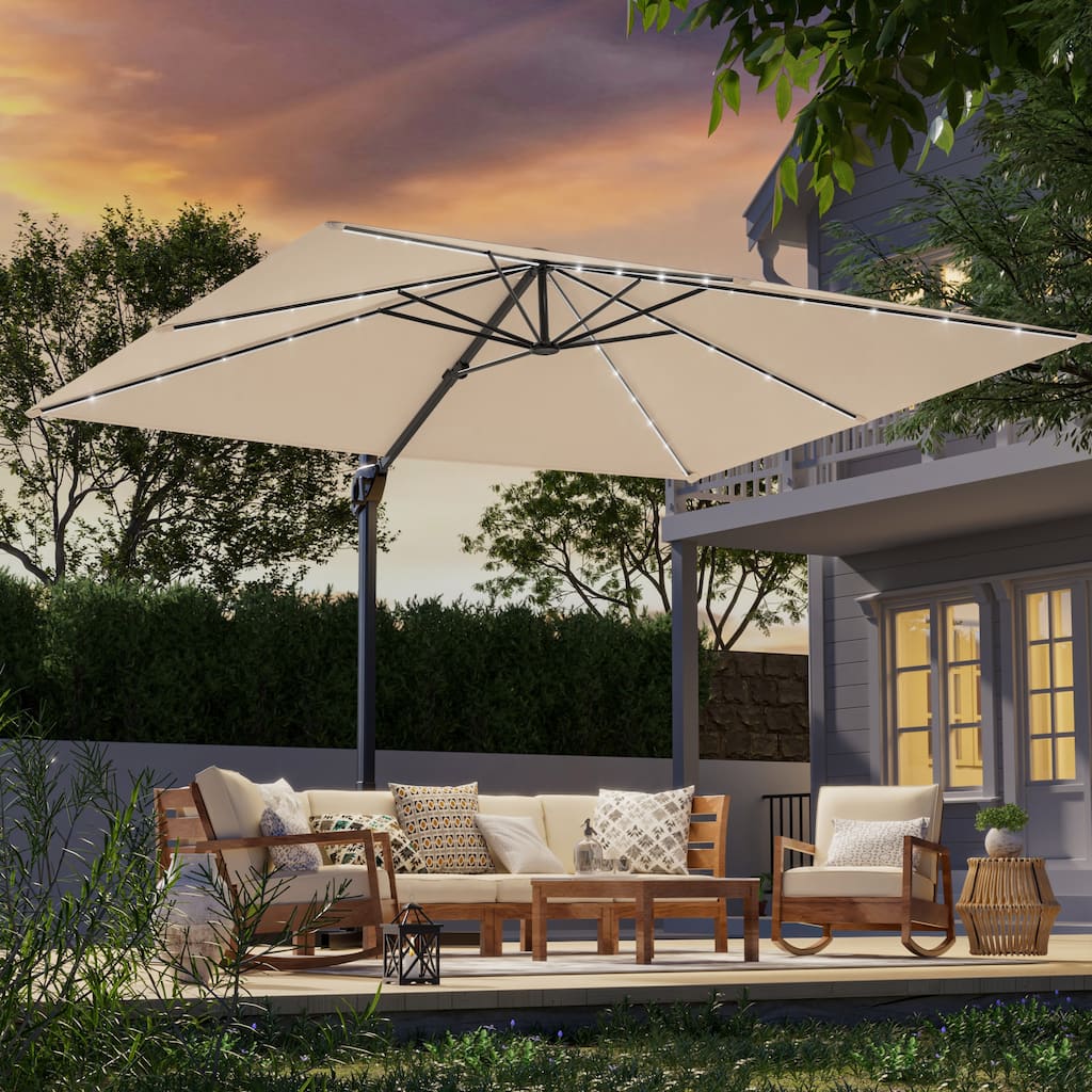 LIVOOSUN 10x8ft LED Rectangle Cantilever Umbrella Patio Offset Umbrella For Outdoor Space, Solution-Dyed Fabric, 360° Rotation