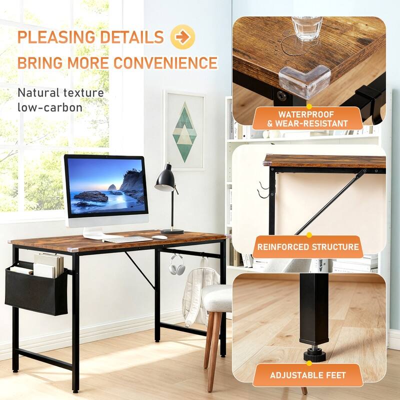 47.2” Computer Desk for Home Office - Study Writing Desk with Storage, Side Hooks & Adjustable Feet