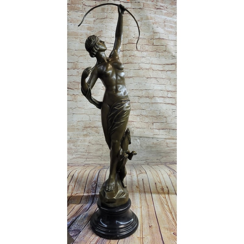 Artemis Diana Huntress With Bow And Hound Dog Bronze Sculpture Statue 35 Inches X 13 Inches