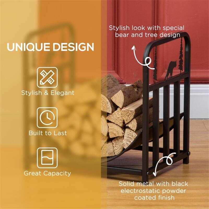 Bear and Tree Firewood Rack Powder Coated Steel Indoor Outdoor Wood Holder Black - 16.5" L x 13.25" W x 17" H