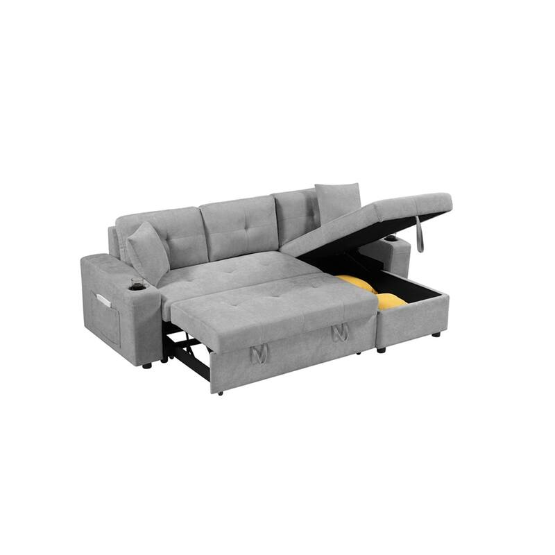 Upholstered Pull Out Sectional Sofa with Storage Chaise