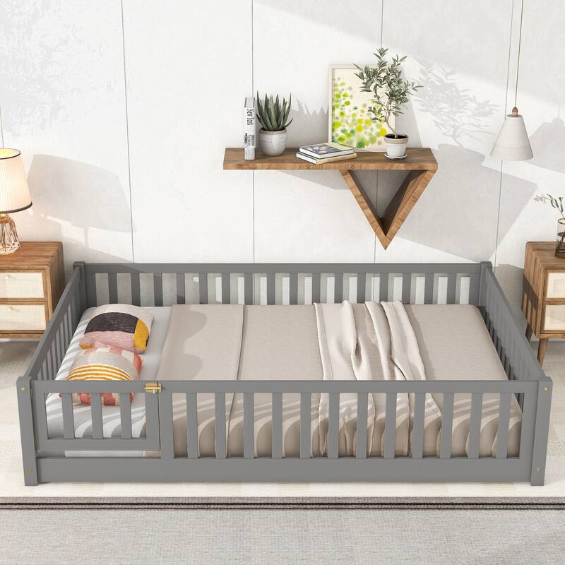 Full size Floor Platform Bed with Fence and Door