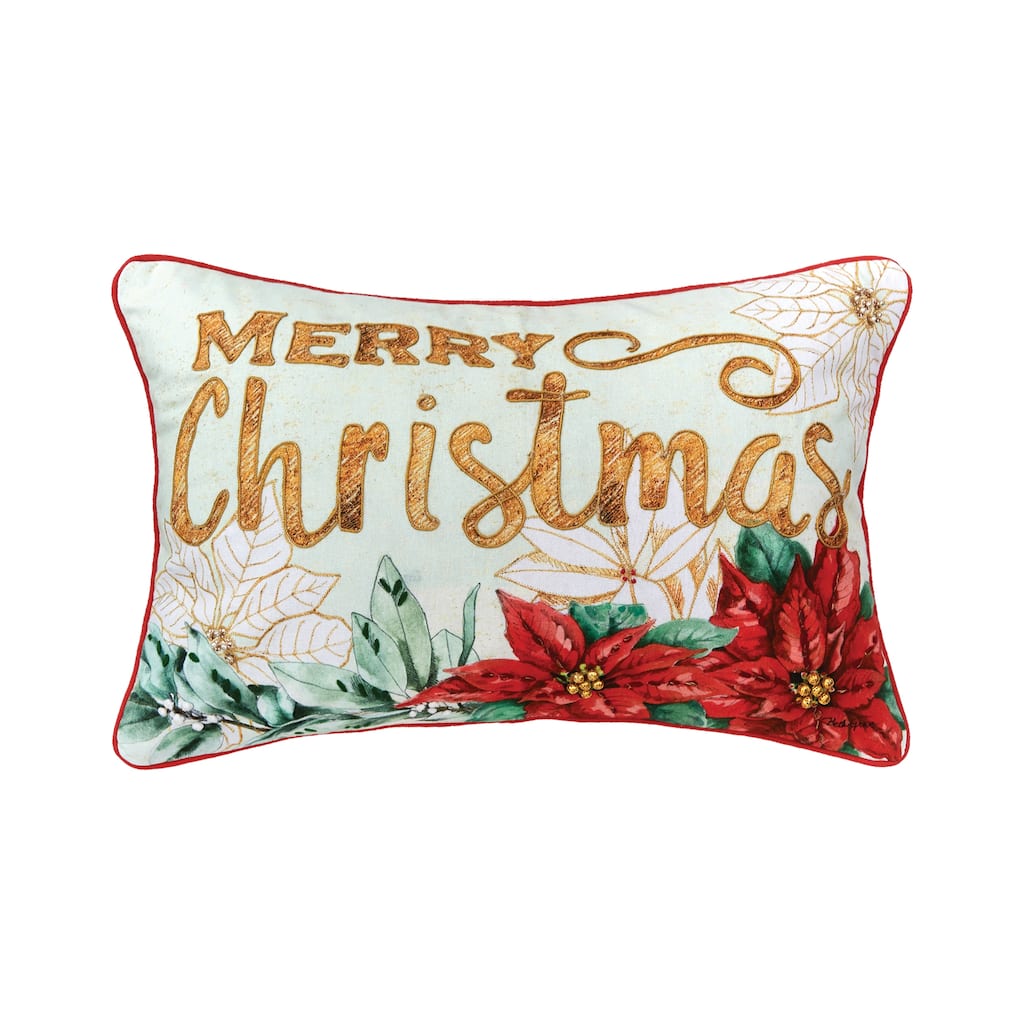 Merry Christmas Poinsettia Printed and Embroidered Throw Pillow