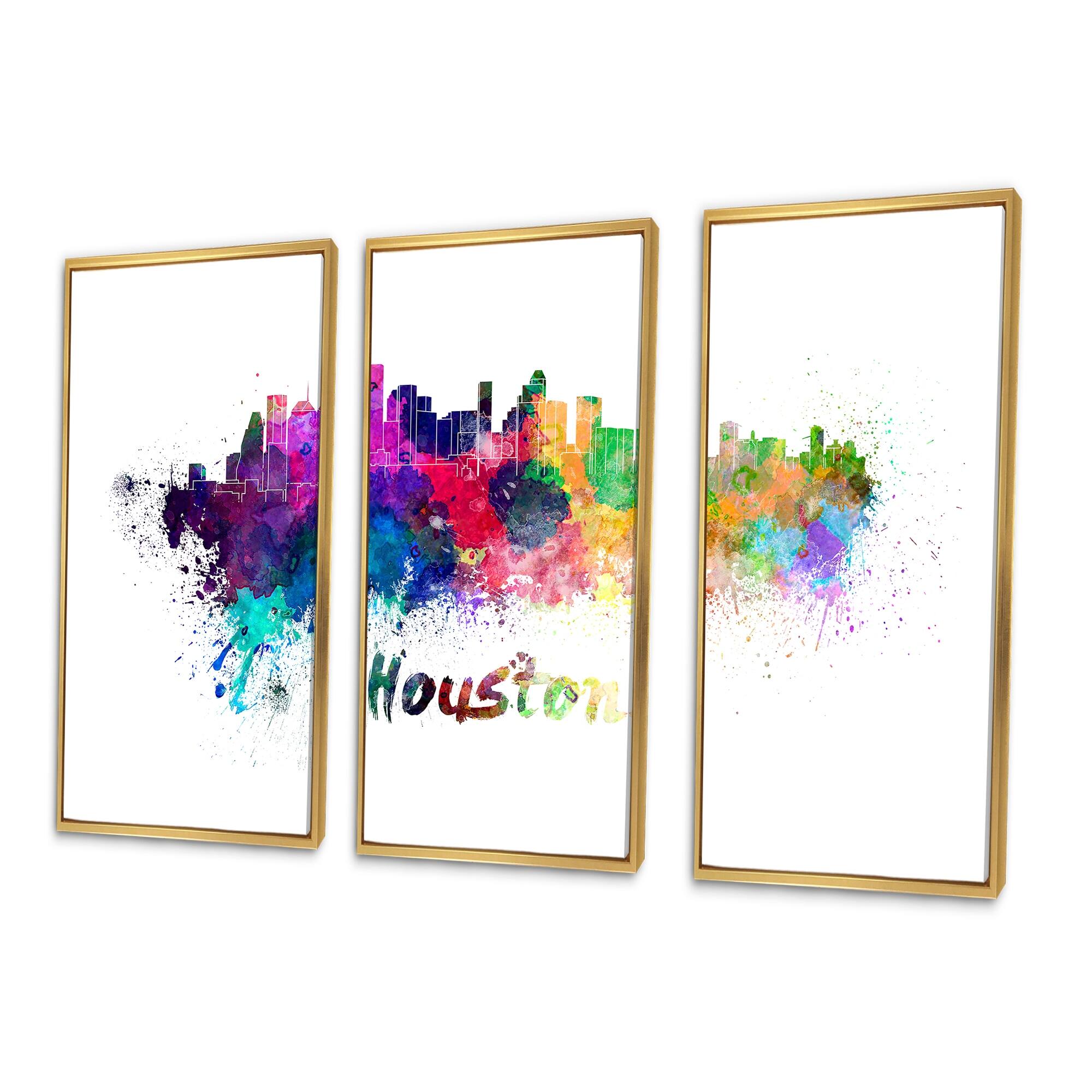 Designart "Houston Skyline" Cityscape Framed Art Set of 3 4 Colors of
