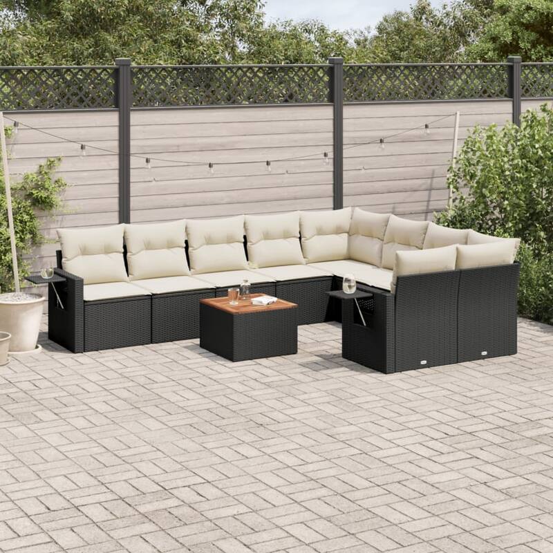 vidaXL Patio Sofa Set with Cushions Outdoor Furniture 10 Piece Poly Rattan - Black and Cream Table + 2x corner + 5x middle - 24.4 x 25.8 x 27.2