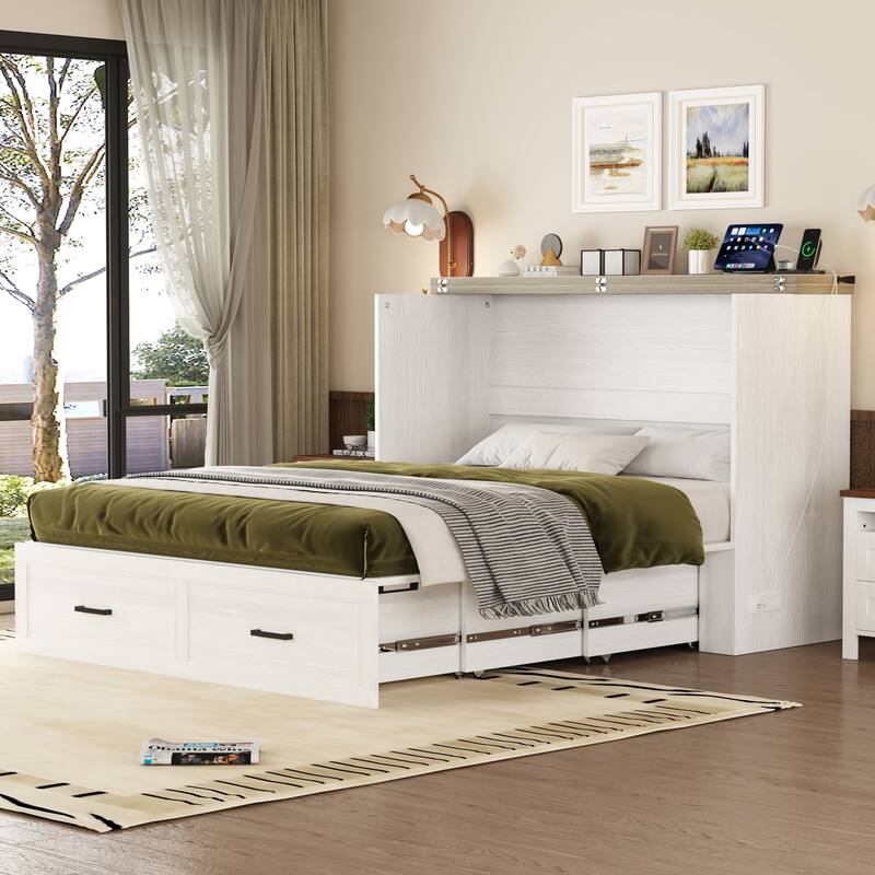Full/Queen Size Pull Out Murphy Bed Frame, Wood Foldable Platform Cabinet Bed with Charging Station and Large Storage Drawers