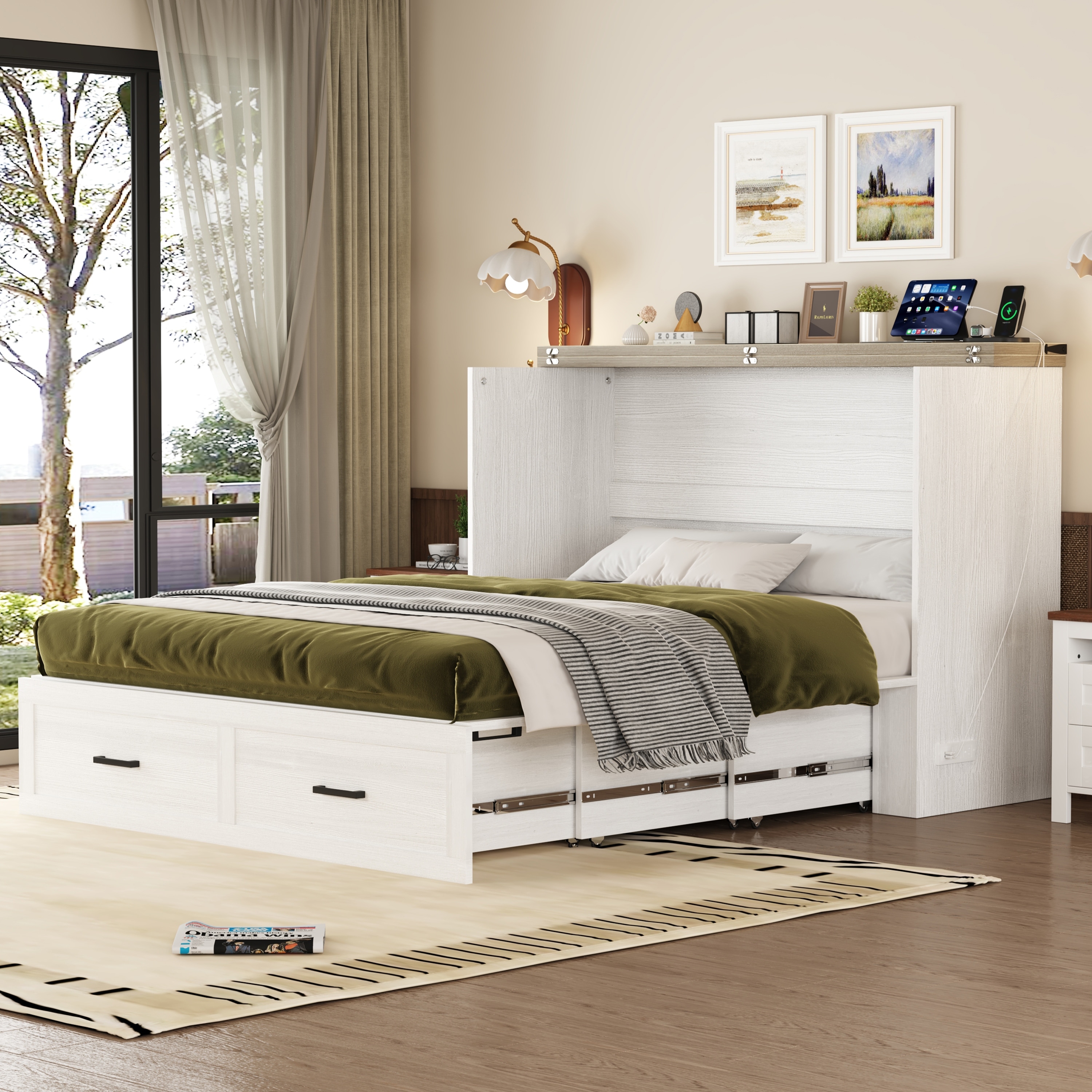 Roomfitters Queen Farmhouse Murphy Cabinet Bed with Charging Station, Foldable Platform Bed with Storage Drawer