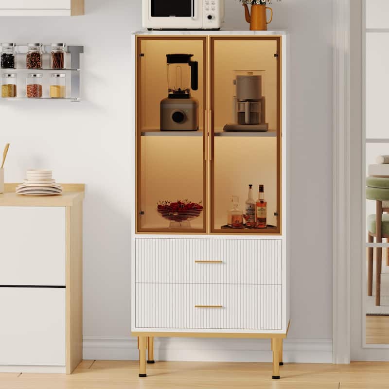 Pantry Cabinet, Freestanding Kitchen Storage Cabinet with Glass Door and 2 Drawers, Modern Kitchen Cupboard with 2