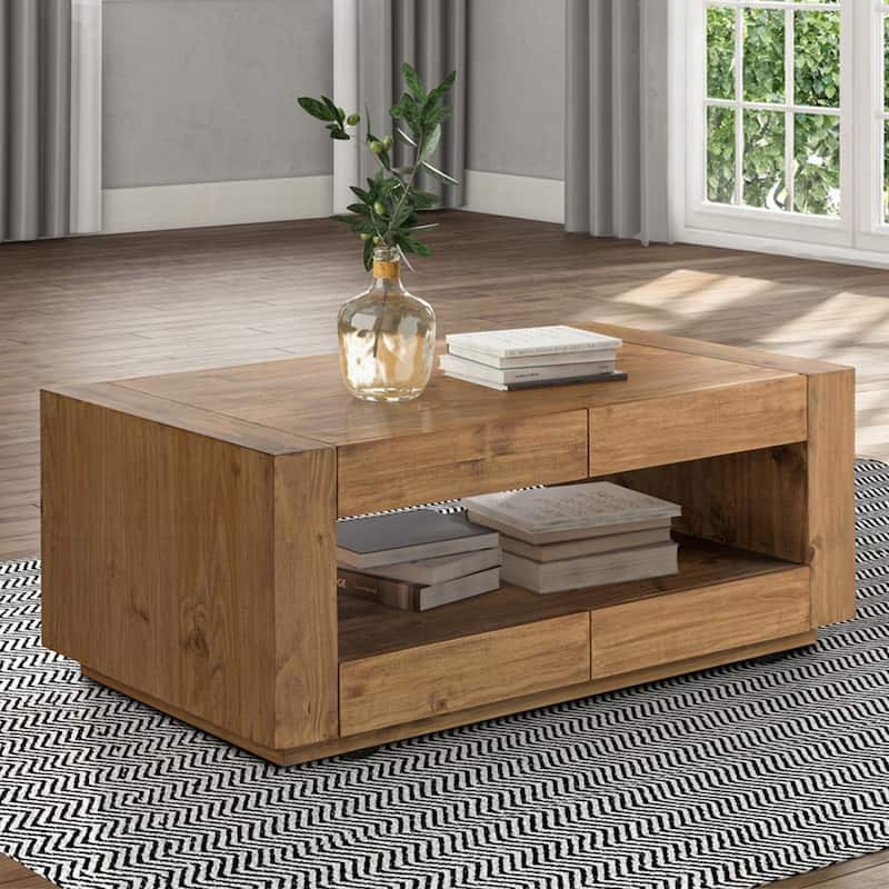 4 Drawers and 1 Open Shelf Wooden Coffee Table with Wheels in Oak