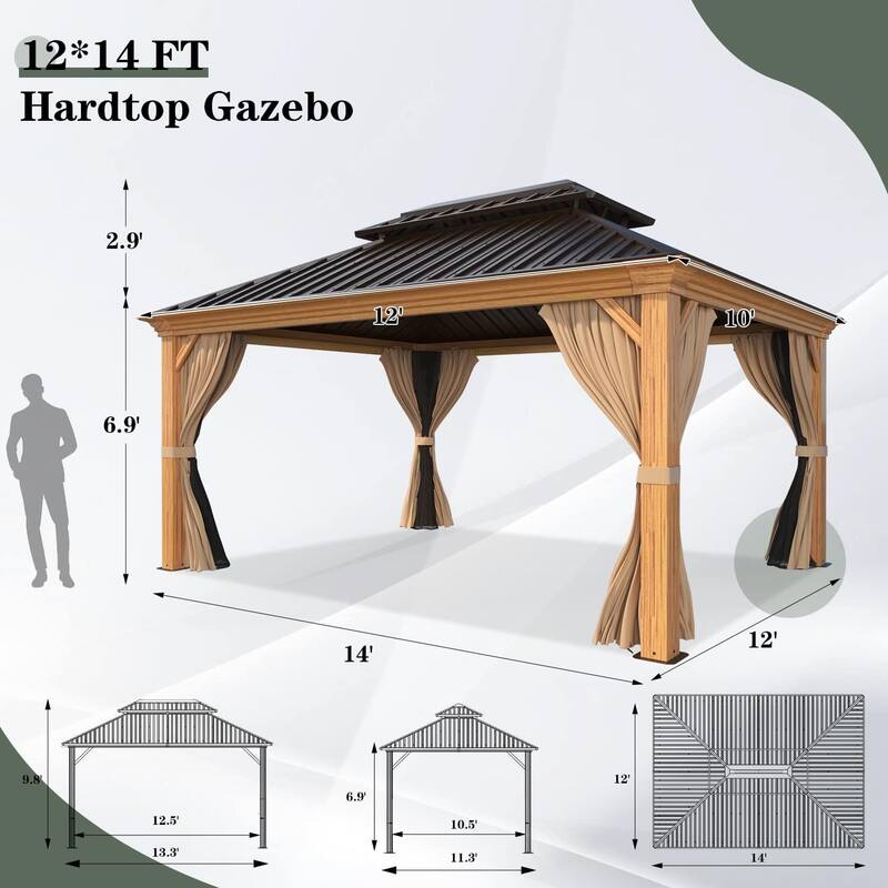 Outdoor Hardtop Gazebo, Wooden Finish Coated Aluminum Frame w Galvanized Steel Double Roof with Premium Curtains and Netting