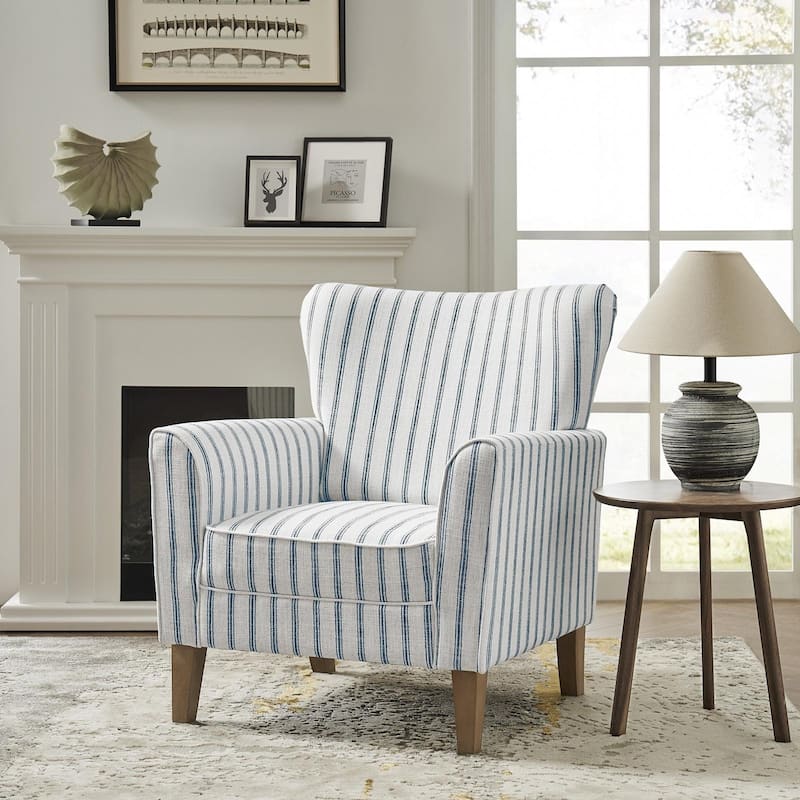 Warren Farmhouse Striped Wingback Chair with Solid Wood Legs by HULALA HOME - NAVY