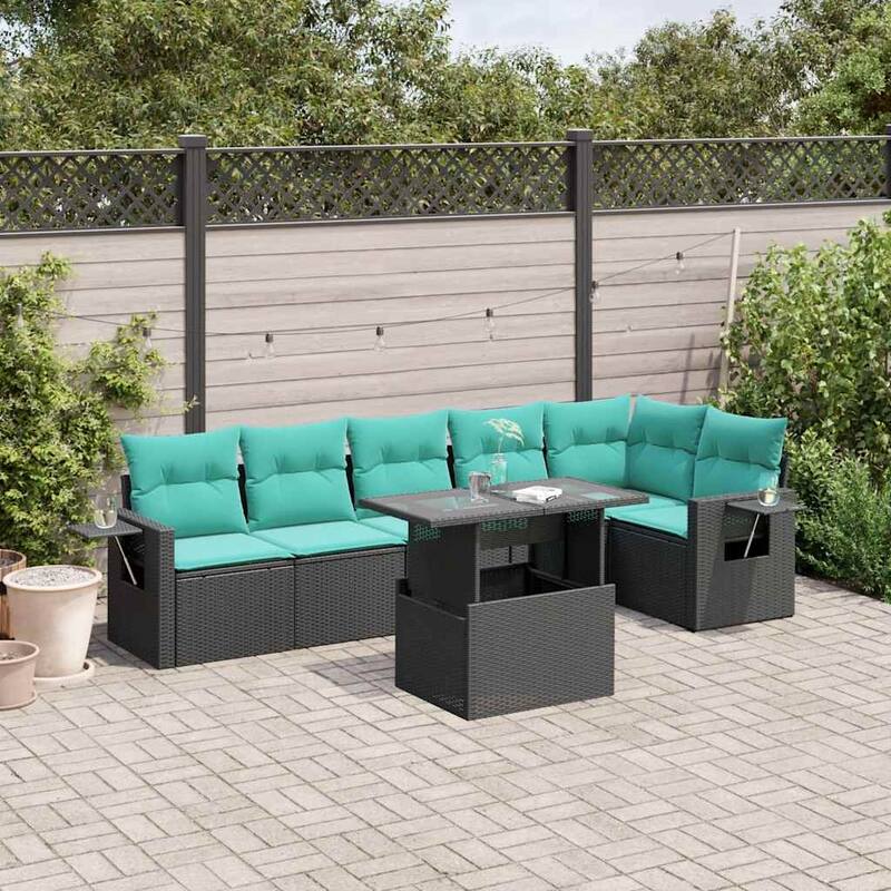vidaXL 7 Piece Patio Sofa Set with Cushions Black/Gray Poly Rattan - 24.4 x 24.4 x 27.2 - Black