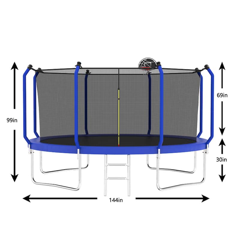 12FT Trampoline with Basketball Hoop, ASTM Approved Reinforced Type Outdoor Trampoline with Enclosure Net