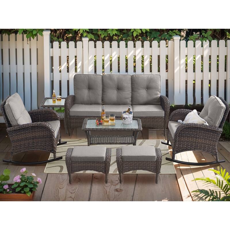 Patio Outdoor Sofa & Rocking Chair & Ottomans & Table - Brown - Grey