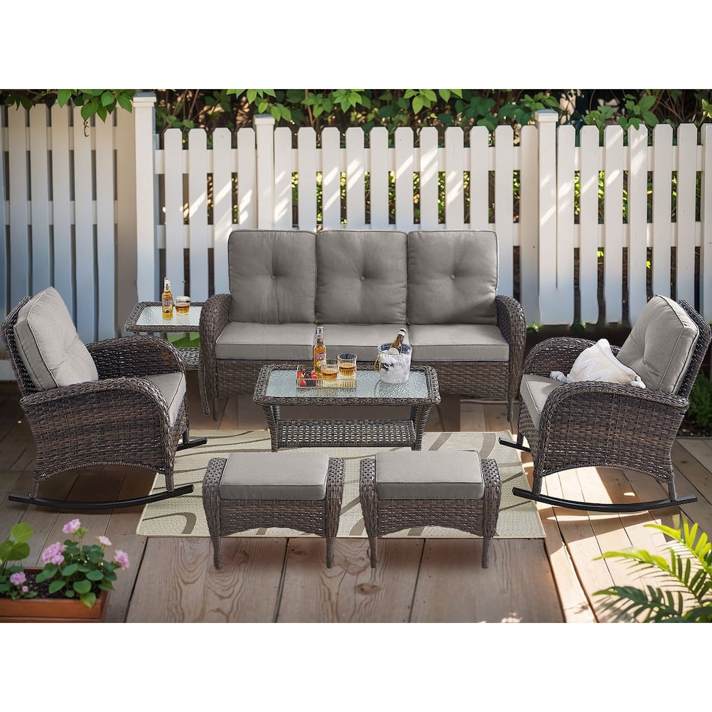 Patio Rocking Chairs with Sofa, Ottomans and Coffee Table - Brown