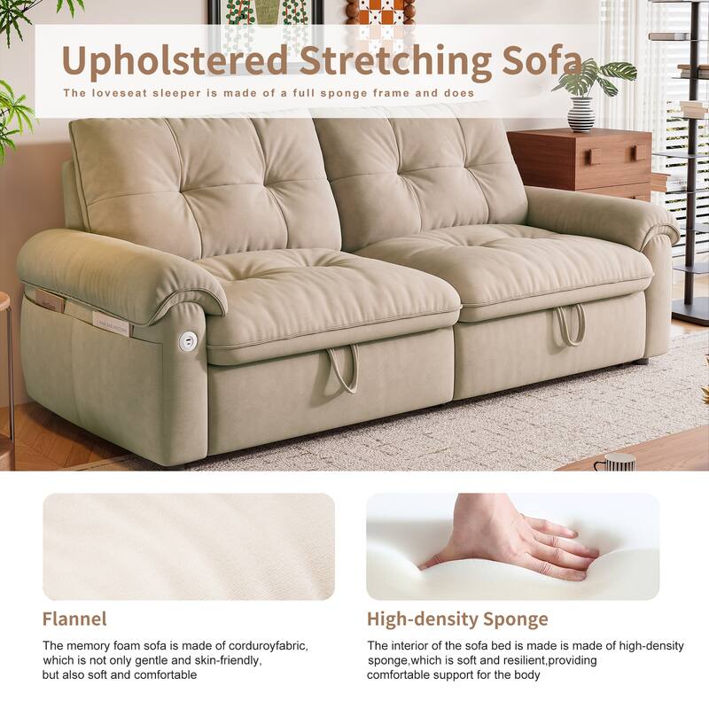 2-in-1 Velvet Pull Out Sleeper Sofa Bed Convertible Loveseat Couch for Sitting, Napping or Sleeping with Side Pockets and USB