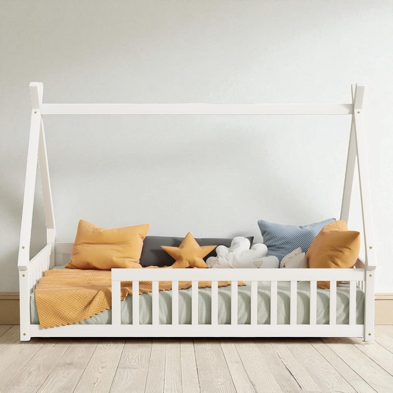 Twin Tent-Shaped Floor Bed with Guardrails, Low Platform Teepee Bed Frame with Slats, Solid Wood Design