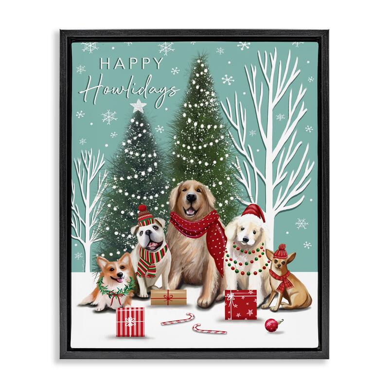 Stupell Festive Winter Dogs Scene Framed Floater Canvas Wall Art Design By Elizabeth Tyndall - 17 x 21 - Black