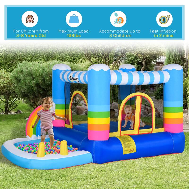 Outsunny Inflatable Bounce House for Kids 2-in-1 Jumping Castle for Indoor Outdoor Party with Trampoline, Pool, Carry Bag
